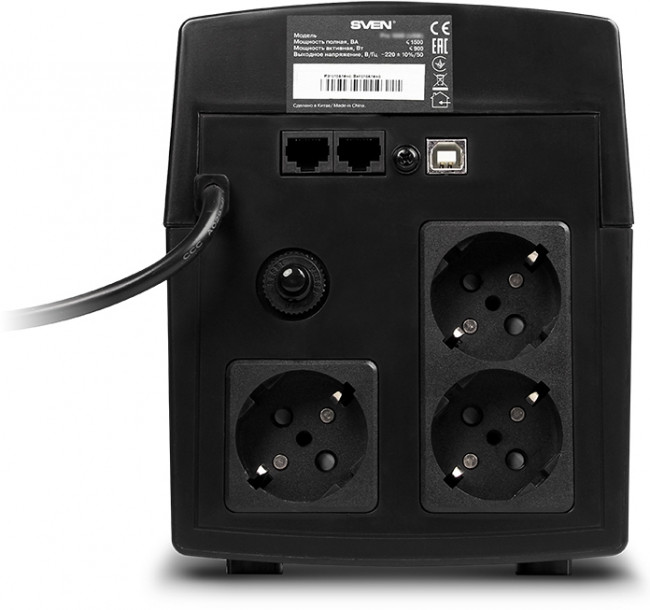 ИБП SVEN Pro 1500 (LCD, USB), линейно-интерактивный, автоматический стабилизатор напряжения, 1500Вт, 900Ва, 3 евророзетки, USB, RJ-45, черный, габариты 140?350?175мм, 10кг. Sven UPS Pro 1500