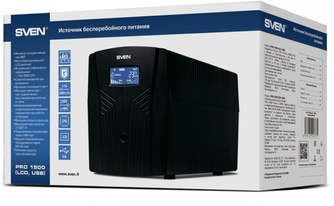 ИБП SVEN Pro 1500 (LCD, USB), линейно-интерактивный, автоматический стабилизатор напряжения, 1500Вт, 900Ва, 3 евророзетки, USB, RJ-45, черный, габариты 140?350?175мм, 10кг. Sven UPS Pro 1500
