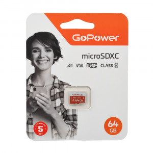 Карта памяти microSD GoPower 64GB Class10 UHS-I (U3) 100 МБ/сек V30 без адаптера GoPower 64GB Class10 UHS-I (U3) 100 МБ/сек V30 без адаптера