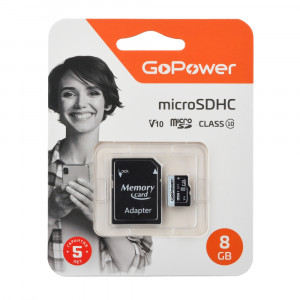 Карта памяти microSD GoPower 8GB Class10 15 МБ/сек V10 с адаптером GoPower 8GB Class10 15 МБ/сек V10 с адаптером