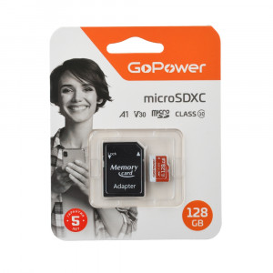 Карта памяти microSD GoPower 128GB Class10 UHS-I (U3) 100 МБ/сек V30 с адаптером GoPower 128GB Class10 UHS-I (U3) 100 МБ/сек V30 с адаптером