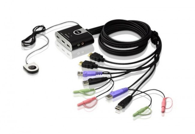 2-портовый KVM-переключатель со встроенными  KVM кабелями (1,2м), 1 user(HDMI(Female)+2xAudio(Female)+2xUSB(Тип А Female), KVM-порты:(HDMI(Male)+2xAudio(Male)+2xUSB(Тип A Male). Поддержка до (1920 x 1200) 1080p. Звук 2.1 ATEN CS692
