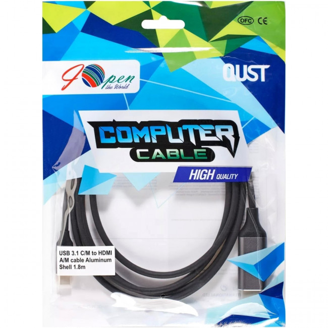 Кабель USB 3.1 Type-Cm --> HDMI A(m) 4K@60Hz,1.8m,Alum,iOpen(Aopen/Qust) <ACU423MC-1.8M> Кабель AOpen USB 3.1 Type-C M/HDMI M (ACU423MC-1.8M) — для бизнеса и офиса