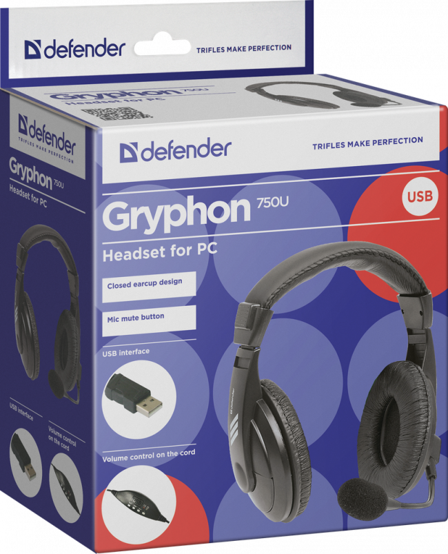 Defender Компьютерная гарнитура Gryphon 750U USB, черный, 1.8м кабель Defender Gryphon 750U USB
