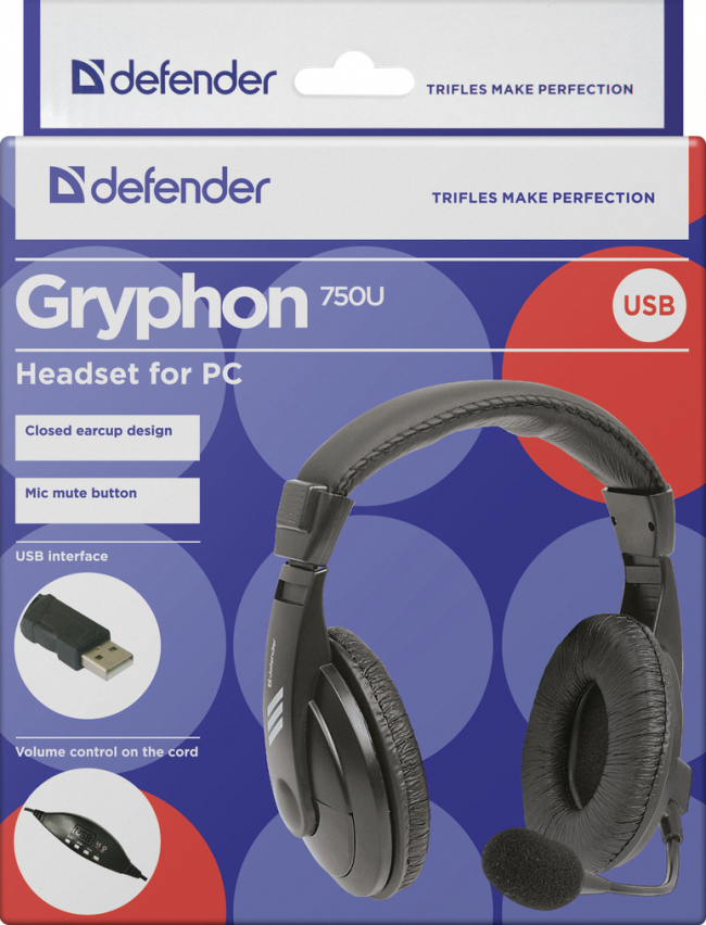 Defender Компьютерная гарнитура Gryphon 750U USB, черный, 1.8м кабель Defender Gryphon 750U USB