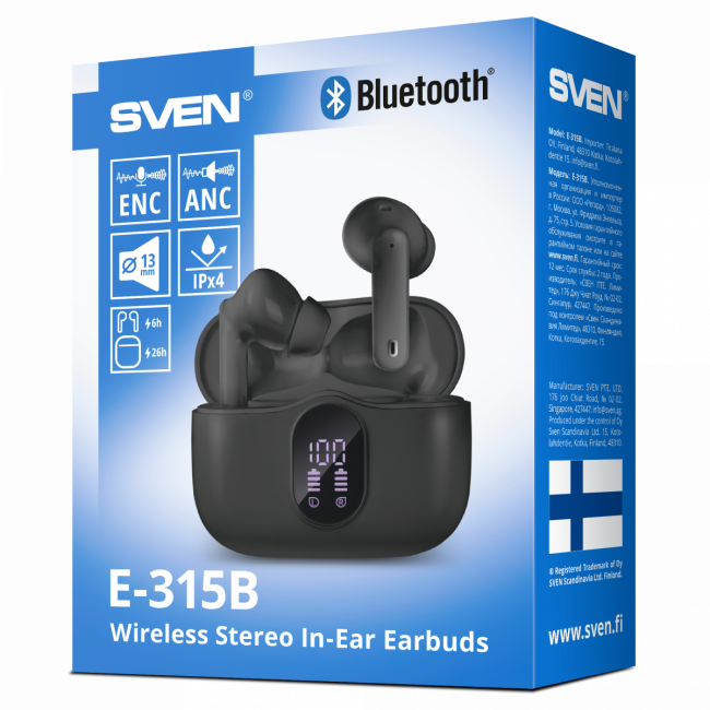 Беспроводные внутриканальные наушники с микрофоном SVEN E-315B, черный (Bluetooth, TWS, ANC, ENC, APP) Sven E-315B — для бизнеса и офиса