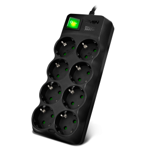 Сетевой фильтр SVEN SF-08E-16 (3 м 8 розеток с защитными шторками,16А) черный, цветная коробка Sven SV-021610