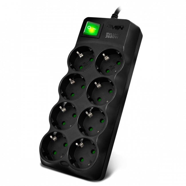 Сетевой фильтр SVEN SF-08E-16 (3 м 8 розеток с защитными шторками,16А) черный, цветная коробка Sven SV-021610 — для бизнеса и офиса