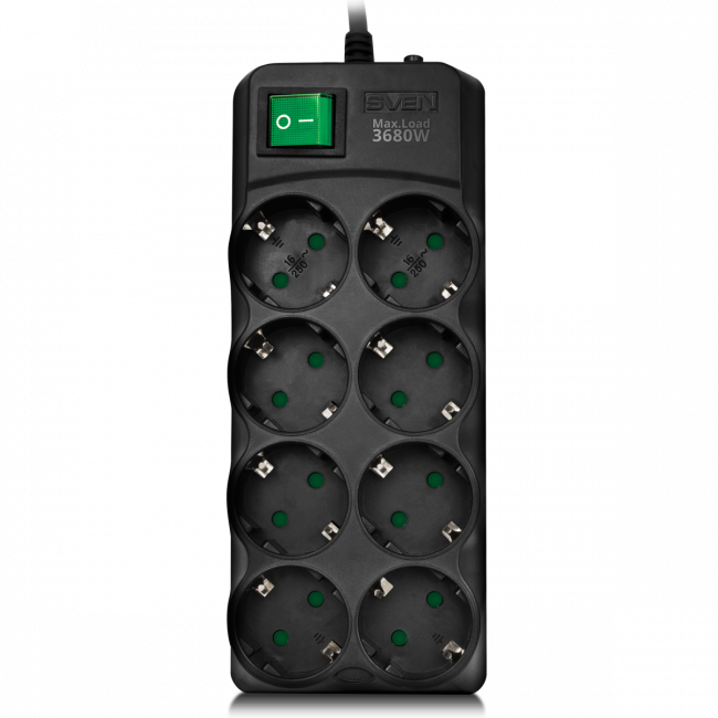 Сетевой фильтр SVEN SF-08E-16 (3 м 8 розеток с защитными шторками,16А) черный, цветная коробка Sven SV-021610 — для бизнеса и офиса