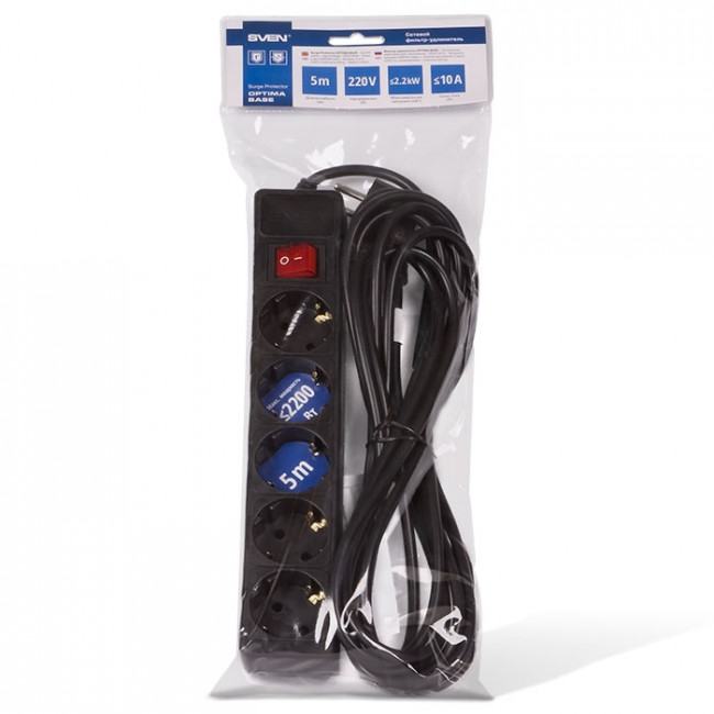 Фильтр  SVEN   Optima Base 3,0 м (5 розеток) черный SVEN Optima Base (3 м, 5 розеток) — для бизнеса и офиса