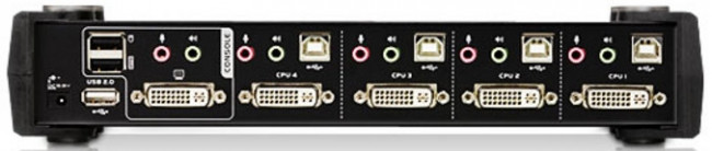Переключатель, электрон., KVM+Audio+USB 2.0,  1 user USB+DVI =>  4 cpu USB+DVI, со шнурами USB 4х1.8м., 2560x1600 60Hz DVI-D Dual Link/2048x1536 DVI-A, настол., исп.стандартШнуры, без OSD, некаскад. ATEN CS1784A