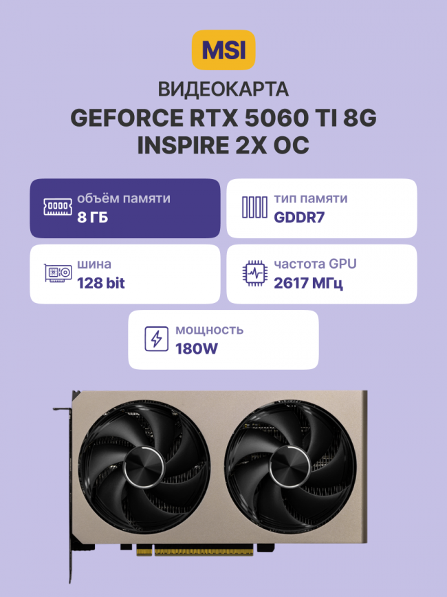 Видеокарта MSI	GeForce RTX 5060 Ti 8G INSPIRE 2X OC — для бизнеса и офиса