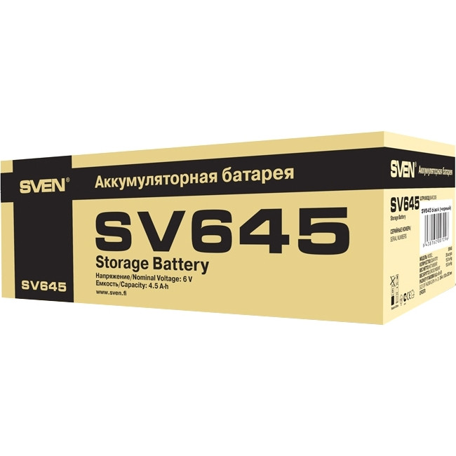 Батарея SVEN SV 645 (6V 4.5Ah), напряжение 6В, емкость 4.5А*ч, макс. ток разряда 67А, макс. ток заряда 1.35А, свинцово-кислотная типа AGM, тип клемм F1, Д/Ш/В 70/47/100, 0.8 кг Sven SV645 (6V / 4.5Ah)