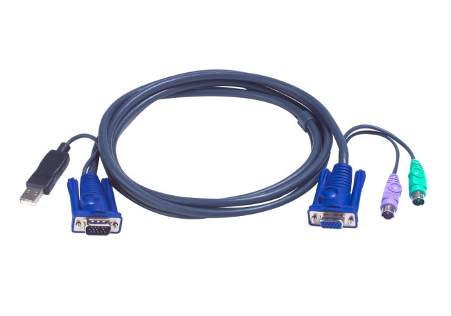 Кабель KVM PS/2 "гКабель KVM  PS/2Kлав+мышь)(Male)+HDB15(Male)+2хАудио(Male) <-> SPКабель KVM USB(тип А Male)+HDB15(Male) <-> PS/2Kлав+мышь)+HDB15(Female) 2,0м., черный ATEN 2L-5502UP