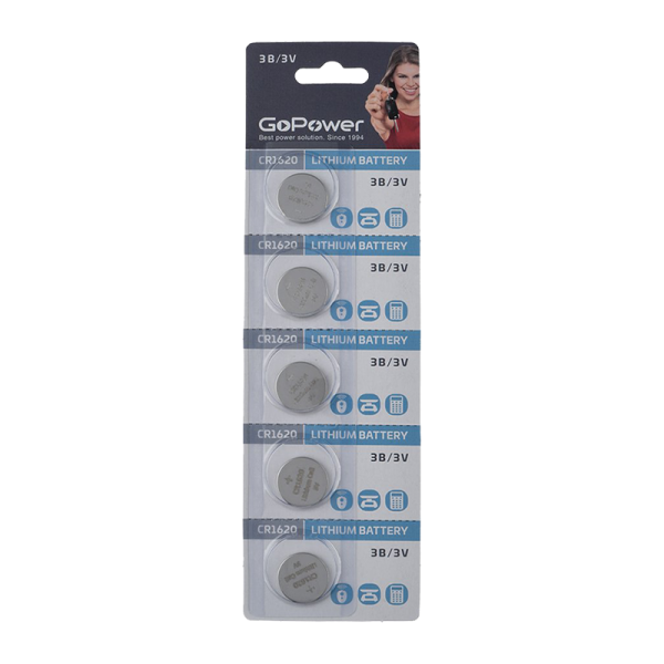 Батарейка GoPower CR1620 BL5 Lithium 3V (5/100/2000) (5 шт.) GoPower CR1620 BL5 Lithium 3V (5 / 100 / 2000) (5 шт.) — для бизнеса и офиса