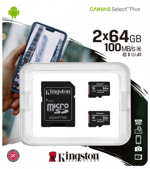 Карта памяти Kingston 64GB  micro SDHC Canvas Plus 100R A1 C10 Two Pack + Single ADP Kingston SDCS2/64GB-2P1A