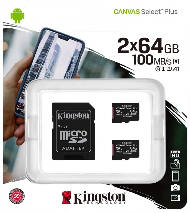 Карта памяти Kingston 64GB micro SDHC Canvas Plus 100R A1 C10 Two Pack + Single ADP Kingston SDCS2/64GB-2P1A — для бизнеса и офиса Карта памяти Kingston 64GB micro SDHC Canvas Plus 100R A1 C10 Two Pack + Single ADP Kingston SDCS2/64GB-2P1A — для бизнеса и офиса