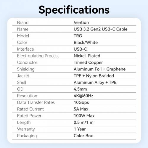 Кабель Vention USB 3.2 Gen2 CM/CM - 1м. Черный 5А PD100W, шт. Vention TRGBF — для бизнеса и офиса Кабель Vention USB 3.2 Gen2 CM/CM - 1м. Черный 5А PD100W, шт. Vention TRGBF — для бизнеса и офиса