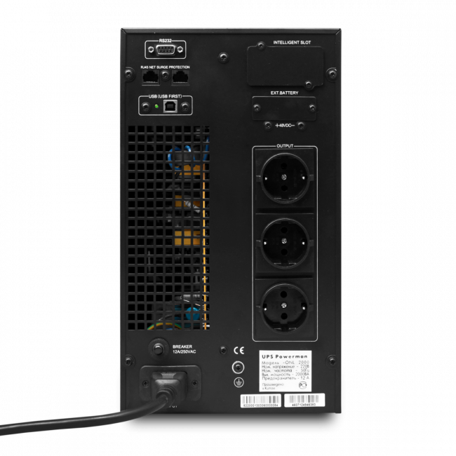 ИБП POWERMAN Online 2000, LCD, двойного преобразования, 2000ВА, 1800Вт, 3 евророзетки с резервным питанием, USB, RS232, слот SNMP, разъем EPO, батарея 12В 9Ач 4 шт., 215 х 315 х 475 мм., 18.5 кг. Powerman Online 2000