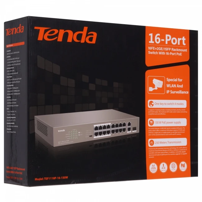 Коммутатор Tenda TEF1118P-16-150W — для бизнеса и офиса