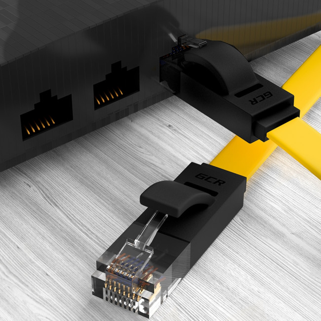 GCR Патч-корд PROF плоский прямой 10.0m, UTP медь кат.6, желтый+черный, 30 AWG, ethernet high speed 10 Гбит/с, RJ45, T568B, GCR-52098 Greenconnect RJ45(m) - RJ45(m) Cat.6 U/UTP LSZH 10м — для бизнеса и офиса