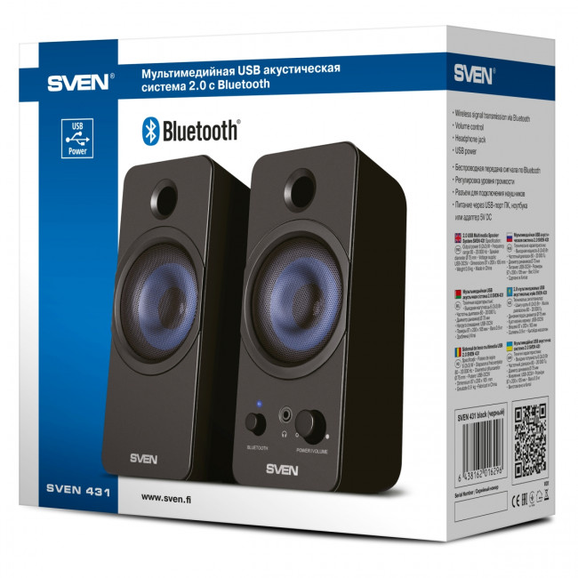 АС SVEN 431, чёрный, USB, акустическая система 2.0, мощность 2x3 Вт(RMS), Bluetooth Sven SV-016296 АС SVEN 431, чёрный, USB, акустическая система 2.0, мощность 2x3 Вт(RMS), Bluetooth Sven SV-016296