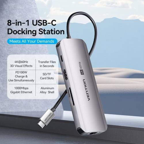 Мультифункциональный хаб Vention USB Type C 8 в 1 Vention TQKHB — для бизнеса и офиса Мультифункциональный хаб Vention USB Type C 8 в 1 Vention TQKHB — для бизнеса и офиса