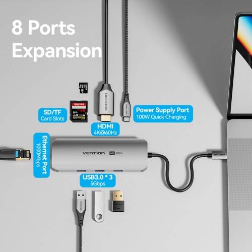 Мультифункциональный хаб Vention USB Type C 8 в 1 Vention TQKHB — для бизнеса и офиса Мультифункциональный хаб Vention USB Type C 8 в 1 Vention TQKHB — для бизнеса и офиса