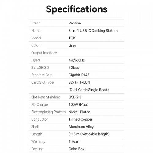 Мультифункциональный хаб Vention USB Type C 8 в 1 Vention TQKHB — для бизнеса и офиса Мультифункциональный хаб Vention USB Type C 8 в 1 Vention TQKHB — для бизнеса и офиса