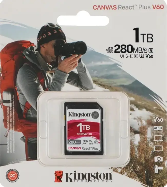 Карта памяти  Kingston 1TB SDXC Canvas React Plus UHS-II 280R/100W U3 V60 Kingston SDR2V6/1TB — для бизнеса и офиса