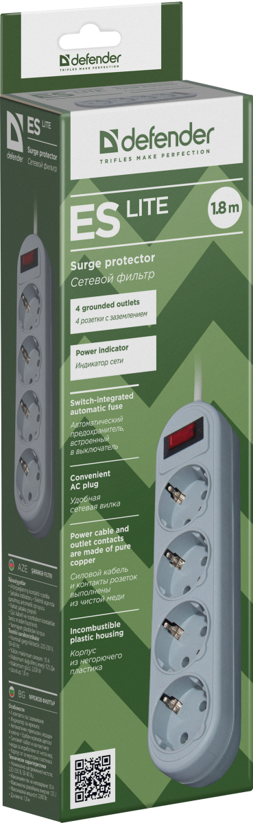 Сетевой фильтр Defender ES Lite 1.8 1,8 м, 4 розетки Defender ES 1.8 Lite (1.8 м, 4 розетки) Сетевой фильтр Defender ES Lite 1.8 1,8 м, 4 розетки Defender ES 1.8 Lite (1.8 м, 4 розетки)