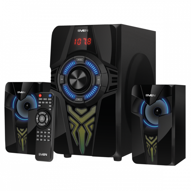 SVEN MS-2070, чёрный, акустическая система 2.1, мощность (RMS):30Вт + 2x15 Вт, FM-тюнер, USB/SD, дисплей, пульт ДУ, Bluetooth Sven SV-018030 SVEN MS-2070, чёрный, акустическая система 2.1, мощность (RMS):30Вт + 2x15 Вт, FM-тюнер, USB/SD, дисплей, пульт ДУ, Bluetooth Sven SV-018030