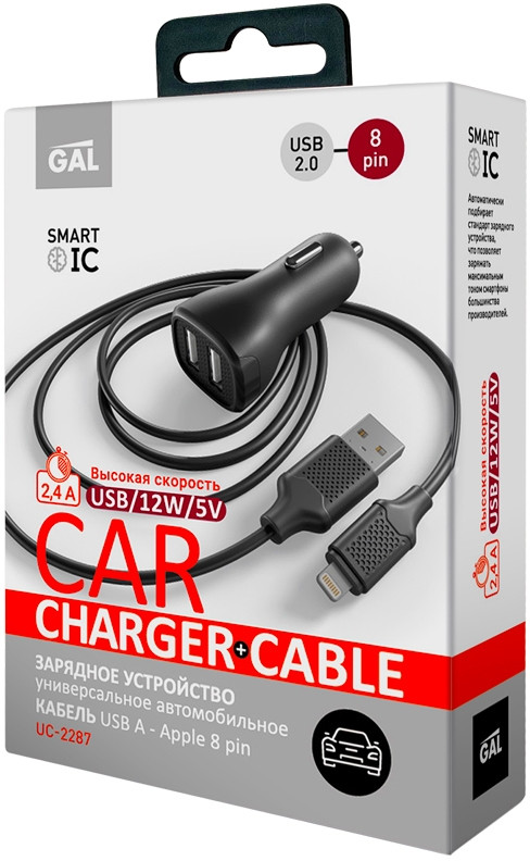Автомобильное ЗУ GAL UC-2287 в комплекте с кабелем USB A - 8 pin GAL UC-2287 — для бизнеса и офиса
