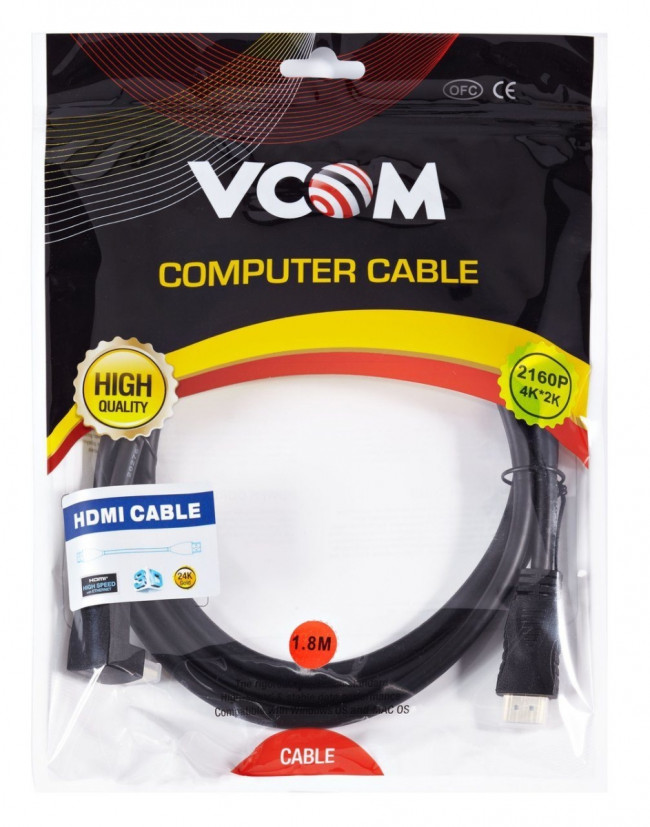 Кабель HDMI<=>HDMI-угловой коннектор 90град 1.8м, 2.0V VCOM <CG523-1.8M> VCOM HDMI (m) - HDMI (m) 1.8м
