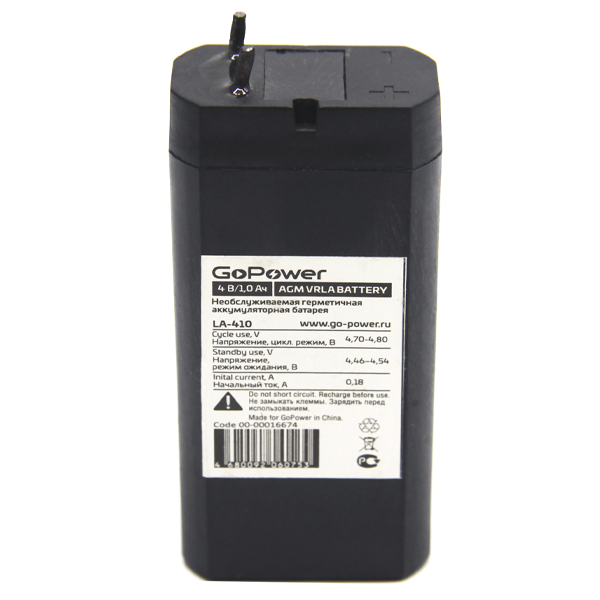 Аккумулятор свинцово-кислотный GoPower LA-410 4V 1.0Ah (1/200) GoPower LA-410 (4V / 1.0Ah) — для бизнеса и офиса