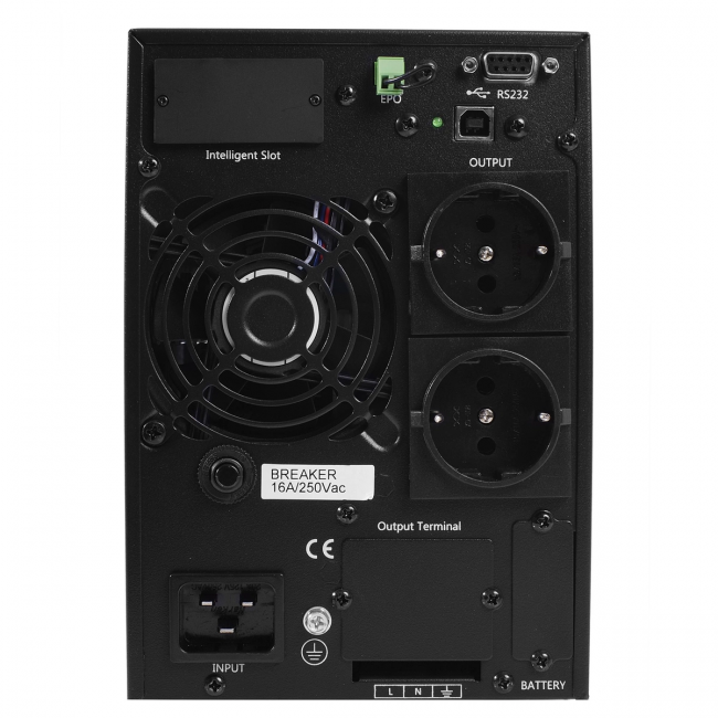 ИБП POWERMAN Online 2000, LCD, двойного преобразования, 2000ВА, 1800Вт, 2 евророзетки с резервным питанием, USB, RS232, слот SNMP, разъем EPO, внешний блок батарей (в комплект не входит), 215 х 315 х 475 мм., 8.9 кг. Powerman Online 2000 Plus