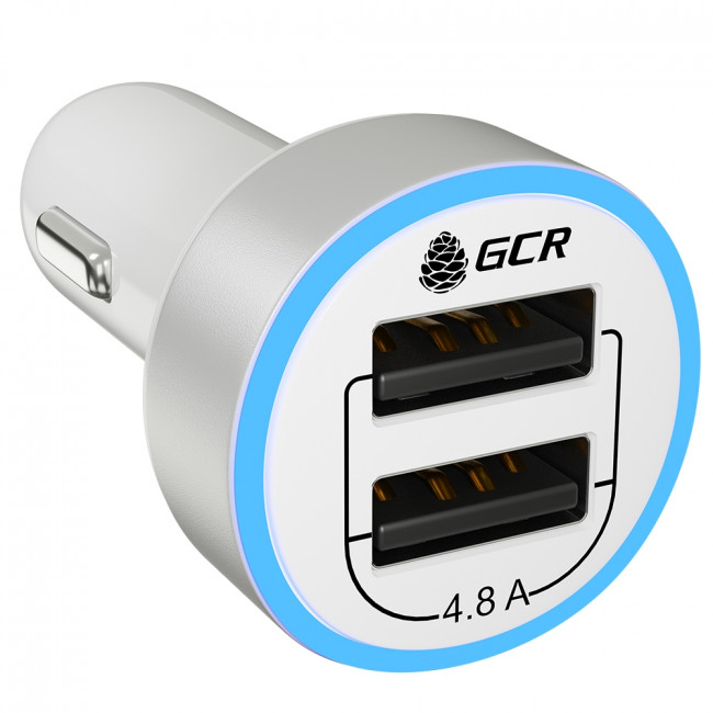 GCR Автомобильное зарядное устройство на 2 USB порта 4.8A, белое, LED индикация, GCR-51984 Greenconnect 2 USB 4.8A GCR-51984