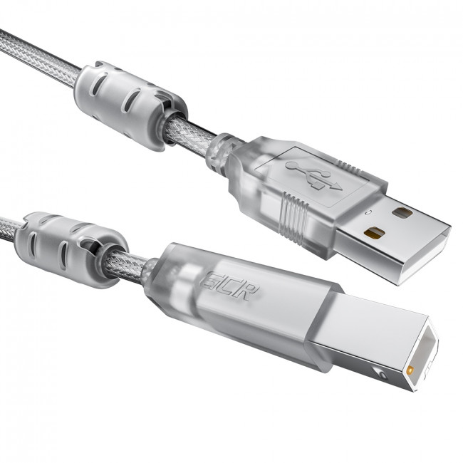 GCR Кабель PROF 2.0m USB 2.0, AM/BM, прозрачный, ферритовые кольца, 28/24 AWG, экран, армированный, морозостойкий, GCR-52425 Greenconnect USB 2.0 Type-AM - USB 2.0 Type-BM 2м