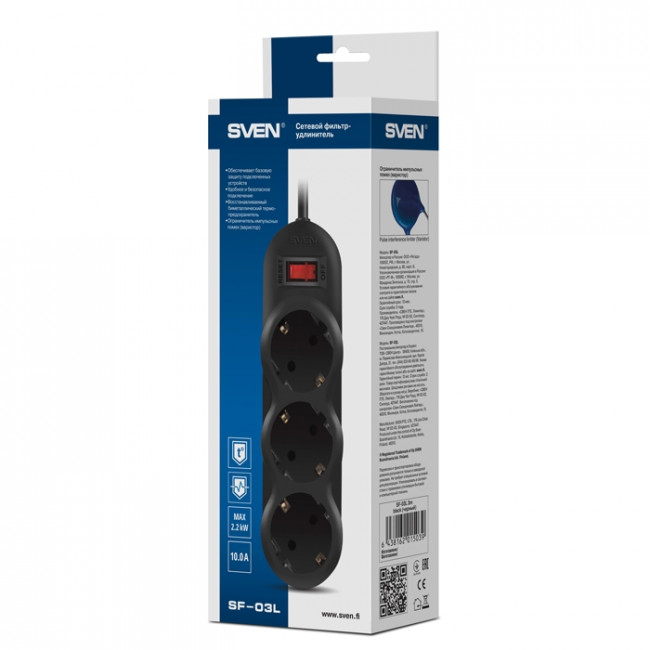 Фильтр SVEN SF-03L 3,0 м (3 розетки) черный Sven SF-03L (3 м, 3 розетки)