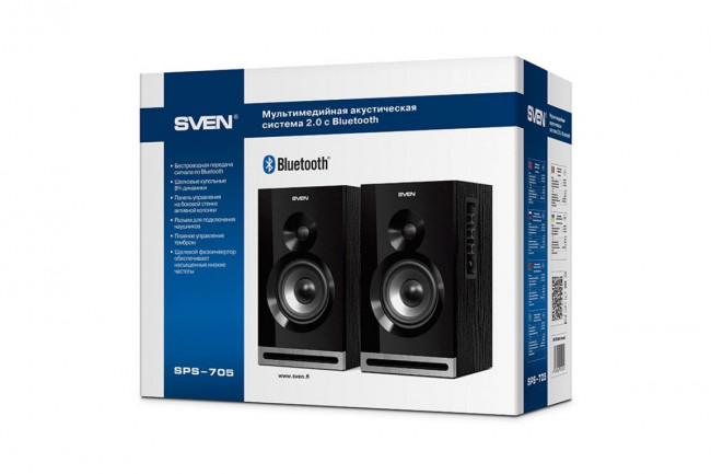 SVEN SPS-705, чёрный, акустическая система 2.0, мощность 2x20 Вт(RMS), щелевой фазоинвертор, Bluetooth SVEN SPS-705 — для бизнеса и офиса SVEN SPS-705, чёрный, акустическая система 2.0, мощность 2x20 Вт(RMS), щелевой фазоинвертор, Bluetooth SVEN SPS-705 — для бизнеса и офиса