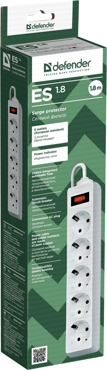 Сетевой фильтр Defender ES 1.8 1,8 м, белый, 5 розеток Defender ES 1.8 (1.8 м, 5 розеток)