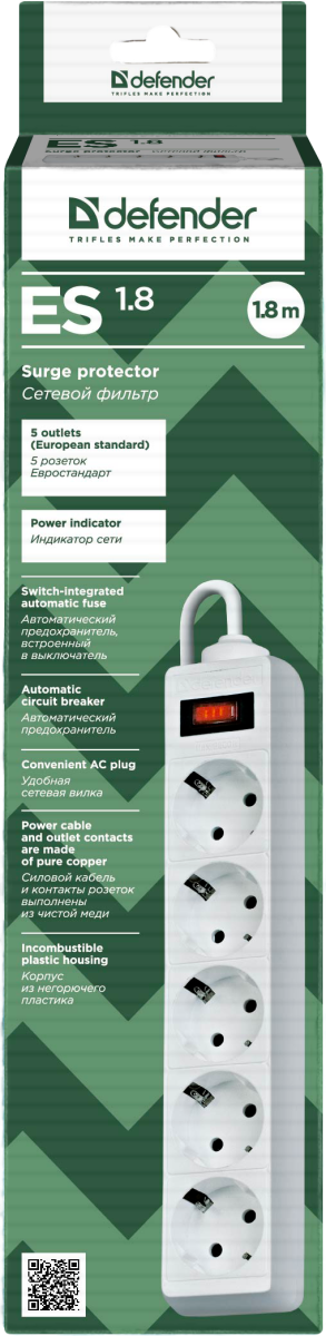Сетевой фильтр Defender ES 1.8 1,8 м, белый, 5 розеток Defender ES 1.8 (1.8 м, 5 розеток)