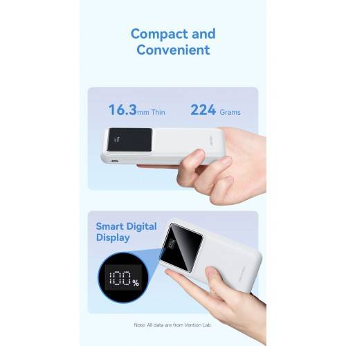 Power Bank Vention 10000mAh(M/C-A/A)22.5W Белый с LED Дисплеем Vention FHKW0 — для бизнеса и офиса