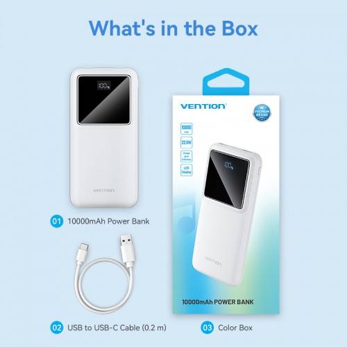 Power Bank Vention 10000mAh(M/C-A/A)22.5W Белый с LED Дисплеем Vention FHKW0 — для бизнеса и офиса