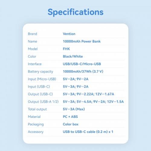 Power Bank Vention 10000mAh(M/C-A/A)22.5W Белый с LED Дисплеем Vention FHKW0 — для бизнеса и офиса