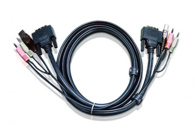 Кабель KVM USB(тип А Male)+DVI-D(Male)+2хАудио(Male) <-> USB(тип B Male)+DVI-D(Male)+2хАудио(Male) 5,0м., черный. ATEN 2L-7D05U — для бизнеса и офиса