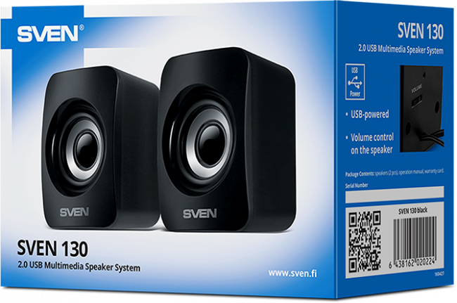 SVEN 130, чёрный, USB, акустическая система 2.0,  мощность 2x3 Вт(RMS) Sven 130 — для бизнеса и офиса