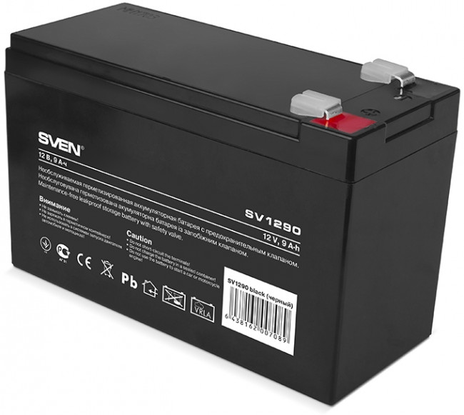 Батарея SVEN SV 1290 (12V 9Ah), напряжение 12В, емкость 9А*ч, макс. ток разряда 128А, макс. ток заряда 2.7А, свинцово-кислотная типа AGM, тип клемм F2, Д/Ш/В 151/65/94, 2.65кг Sven SV1290 — для бизнеса и офиса