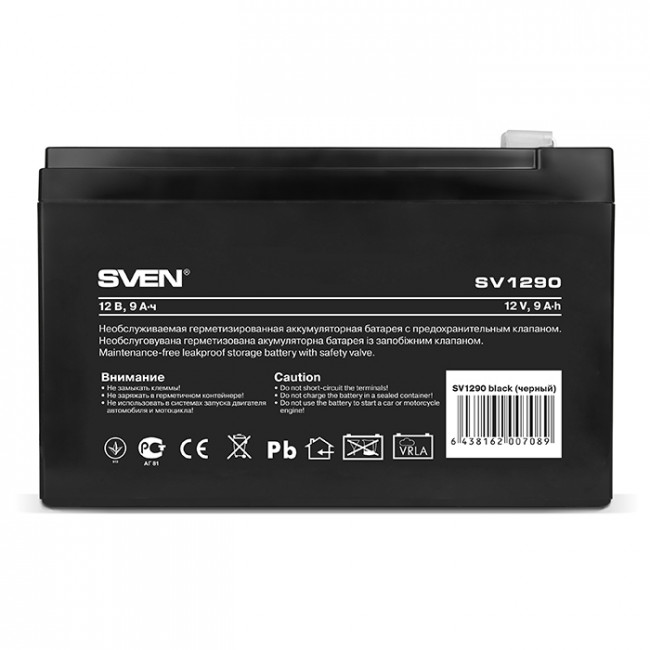 Батарея SVEN SV 1290 (12V 9Ah), напряжение 12В, емкость 9А*ч, макс. ток разряда 128А, макс. ток заряда 2.7А, свинцово-кислотная типа AGM, тип клемм F2, Д/Ш/В 151/65/94, 2.65кг Sven SV1290 — для бизнеса и офиса
