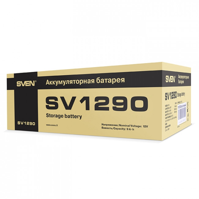 Батарея SVEN SV 1290 (12V 9Ah), напряжение 12В, емкость 9А*ч, макс. ток разряда 128А, макс. ток заряда 2.7А, свинцово-кислотная типа AGM, тип клемм F2, Д/Ш/В 151/65/94, 2.65кг Sven SV1290 — для бизнеса и офиса